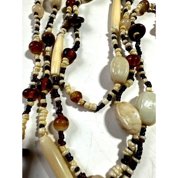 Extra Long Statement Boho Glass Bead Necklace Brown Cream Continuous 46" - Picture 3 of 5